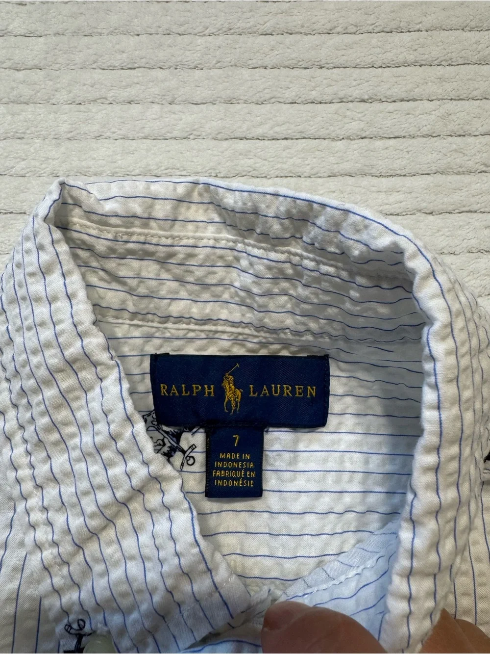 Ralph Lauren White Short-Sleeve Button-Down Shirt with Navy Motifs